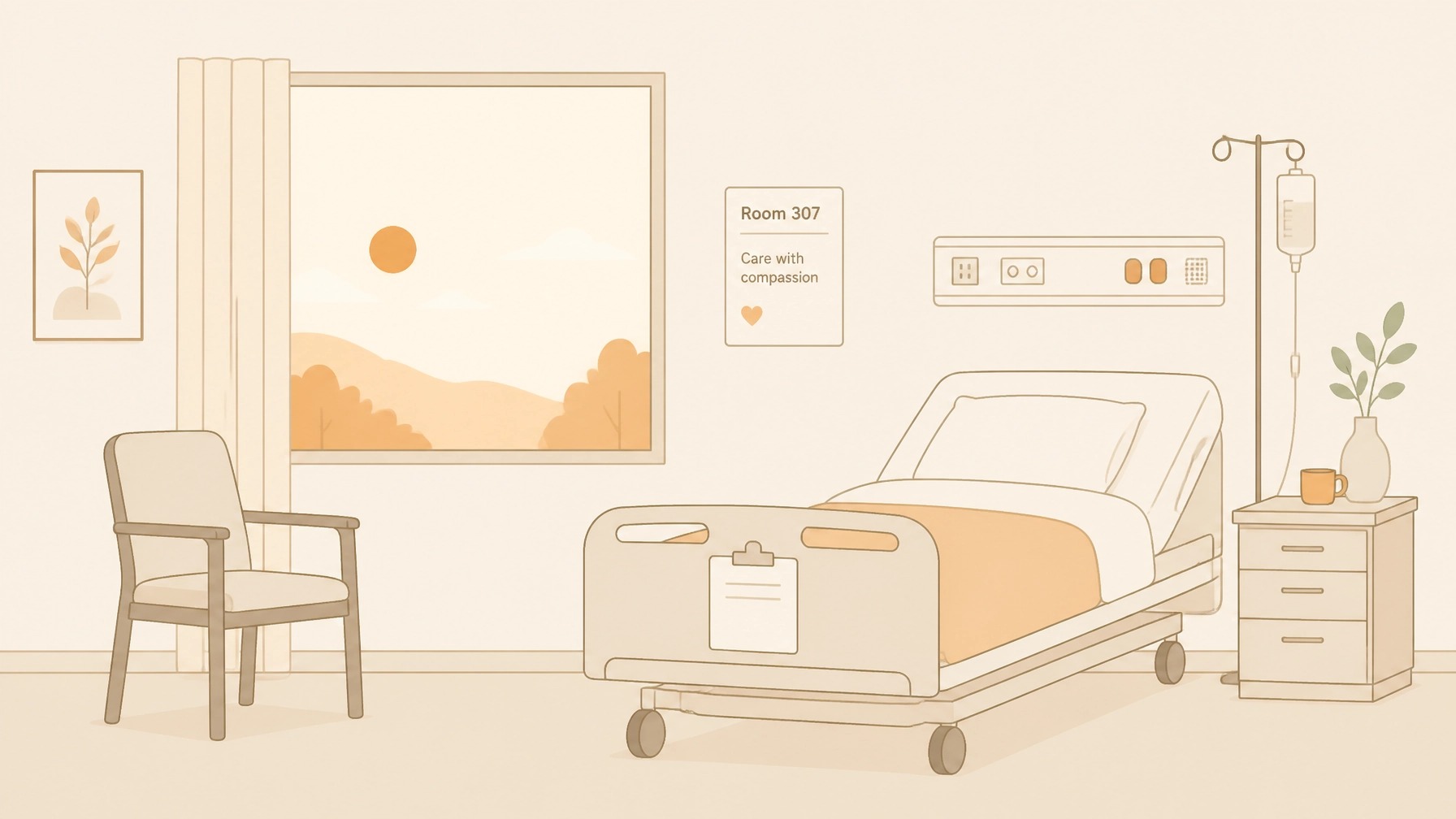A quiet hospital room with soft morning light