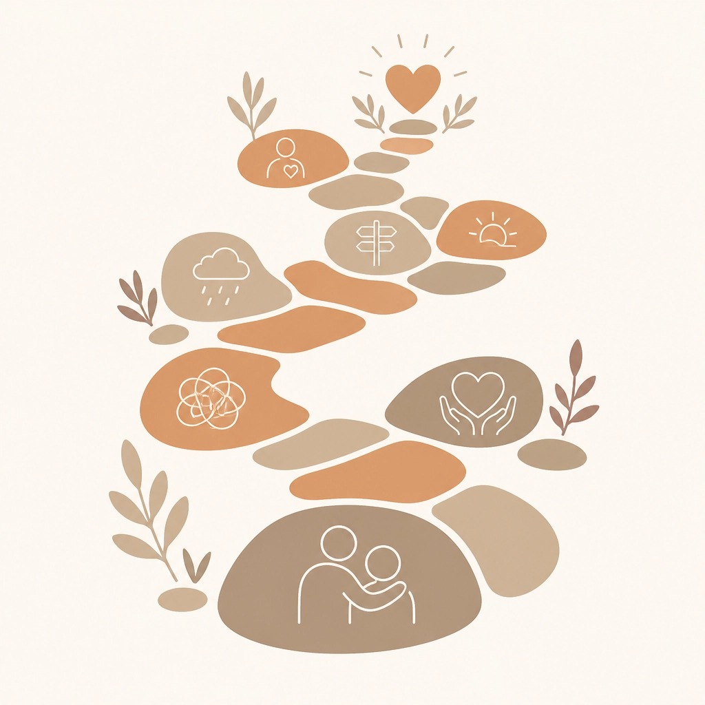 An illustration of a winding path of stepping stones, representing the emotional journey of caregiving