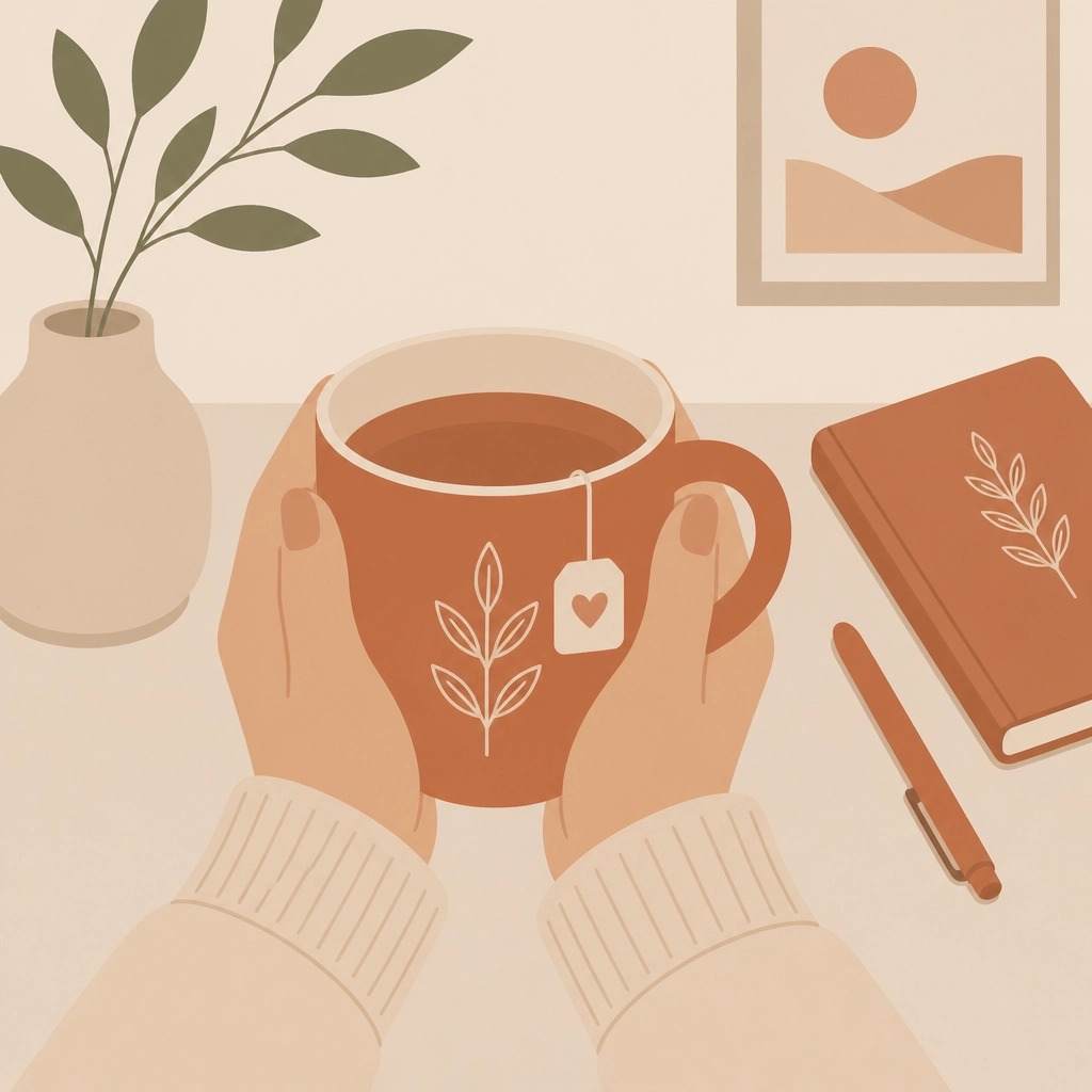 A pair of hands holding a warm mug of tea, a moment of quiet reflection
